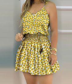 Mini Dress Shirring Detail Spaghetti Strap Casual Women Dresses Length Sleeve Style Sleeve Length(cm) Pattern Type Fabric Type Latina Outfit, Suspenders For Women, Mini Dress Fashion, Womens Floral Dress, Sunflower Print, Mini Dress Casual, Outfits Fashion, Womens Casual, Fashion Updates