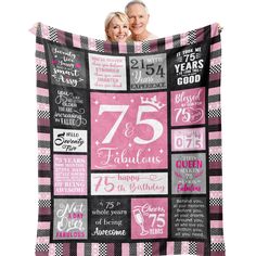 a pink and black quilt with the words 75 years on it