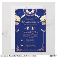 an elegant blue and gold wedding card