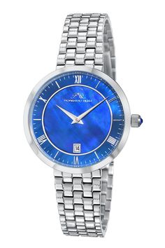 Priscilla women's 38 mm silver tone slim watch with stainless steel case & bracelet with foldover buckle Stainless Steel Watch Women, Slim Watches, Blue Watches, Jewelry Clasps, Women Men Shoes, Minerals Crystals, Stainless Steel Watch, O Clock, Luxury Women