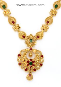 22 karat gold necklace with color stones - 235-GN5172 - in 19.050 Grams for USD $2,047.36 USD. 
Made in India by Totaram Jewelers Online this product is in Gold - 22 Karat BIS Hallmark 916 Gold  & is an excellent gift for Adult - Women. Ships fully insured with secured guaranteed delivery for free with your order over $250 from New Jersey USA & comes with 30 days exchange policy. 22k Gold Gemstone Necklaces For Festivals, Yellow Gold Gemstone Necklaces For Festivals, Festival Yellow Gold Gemstone Necklaces, Diwali Yellow Gold Necklace With 17 Jewels, Traditional 22k Gold Necklace For Anniversary, Yellow Gold Bridal Necklace With Jewels For Festivals, 22k Gold Hand Set Necklace For Festivals, Hand Set Yellow Gold Necklaces For Festivals, Red 22k Gold Round Necklace