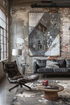 a living room filled with furniture and a painting hanging on the wall above it's windows