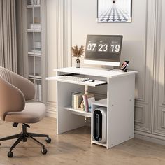 a computer desk with a clock on it next to a chair and bookshelf