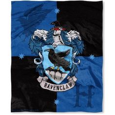 a blue and black flag with a raven on it