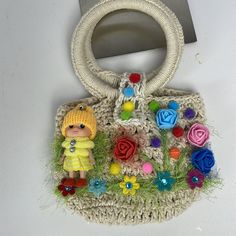 New Kids Girls Knit Crochet Purse Hand Made Handmade Multicolor Crochet Bag, Cute Multicolor Handmade Crochet Bag, Handmade Multicolor Crochet Bag For Spring, Cute Handmade Yellow Bags, Cute Handmade Yarn Crafts, Cute Crochet Crafts With Yarn, Handmade Cute Yarn Crafts, Handmade Yellow Crochet Bag For Gift, Hello Kitty Suitcase