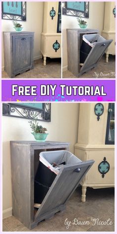 the diy side table is made out of an old cabinet and has been turned into a