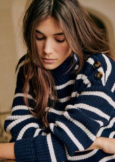 University Style, Bare Necessities, Navy Sweaters, Navy Stripes, White Sweaters, Striped Knit, Asian Fashion, Stripe Sweater