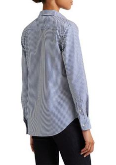 Treated with a no-iron finish, this striped shirt adorned with LRL embroidery is a timeless wardrobe essential. Relaxed fit Intended to hit at the hip Size medium has a 27.5 in body length and a 32.5 in sleeve length Sleeve length is taken from the center back of the neck and changes 0.75 in between sizes Point collar Buttoned placket with signature "Lauren Ralph Lauren"-engraved buttons Long sleeves with buttoned barrel cuffs Signature "LRL" embroidery at the left chest Back yoke Shirttail hem Casual Shirt With Vertical Stripes For Office, Classic Pinstripe Tops For Workwear, Classic Striped Tops For Work, Classic Vertical Striped Top For Office, Classic Vertical Stripes Office Top, Classic Office Top With Vertical Stripes, Classic Striped Shirt For Workwear, Casual Striped Tops For Business, Classic Pinstripe Top For Business Casual