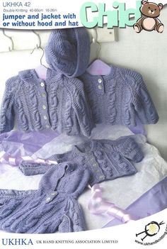 the knitting pattern for this baby's knitted sweater and cardigan set is also available