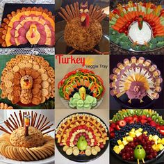 a collage of turkey, grapes, apples, cookies and other foods on display