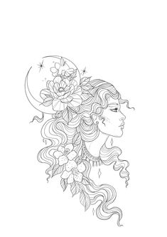 a drawing of a woman with flowers on her head and the moon above her head