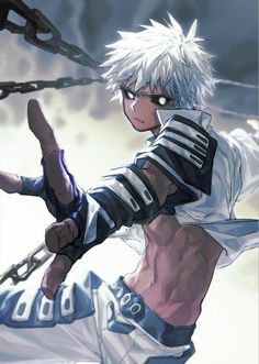 an anime character with white hair and blue eyes is holding his arm out in the air