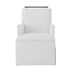 a white chair with a metal frame and foot rest on the bottom half of it