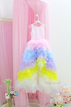 Whimsical Rainbow Princess Dress For Dress-up, Fitted Multicolor Princess Dress With Ruffles, Multicolor Princess Dress With Ruffles For Birthday, Whimsical Multicolor Princess Dress For Wedding, Multicolor Princess Dress With Ruffles For Pageant, Multicolor Ruffled Tutu Dress For Wedding, Multicolor Ruffled Princess Dress For Pageant, Summer Pink Pageant Dress For Party, Multicolor Princess Dress With Ruffles