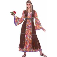 a woman in a hippie costume holding a flower