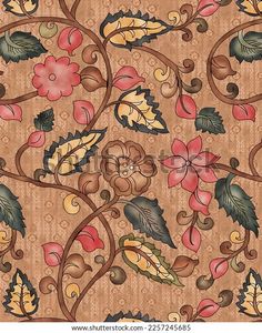 an artistic floral pattern with leaves and flowers on a brown background - stock photo, ornament