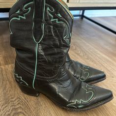 The Old Gringo Black And Turquoise Cowgirl Boots Size 9 Turquoise Cowgirl Boots With Black Dress, Black Cowgirl Boots Boot Barn, Black And Turquoise Cowgirl Boots, Black Western Knee-high Boots With Square Toe, Western Black Mid-calf Boots With Reinforced Heel, Cowgirl Boots, Old Things, Turquoise, Women Shoes