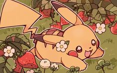 a drawing of a pikachu in the grass surrounded by strawberries and flowers