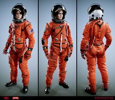 three different views of an orange astronaut suit