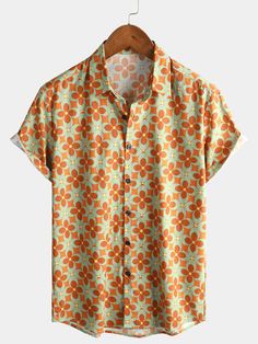 Men's Brown Floral Vintage Short Sleeve Cotton Shirt – Atlanl Multicolor Hawaiian T-shirt For Summer, Orange Cotton Summer Shirt, Green Fitted Shirt For Beach, Summer Orange Cotton Shirt, Casual Orange Shirt For Summer, Fitted Summer Beach Shirt, Orange Short Sleeve Shirt For Vacation, Cotton Retro Print Top For Vacation, Cotton Retro Print Vacation Top