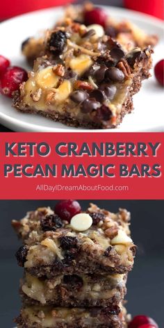 keto cranberry pecan magic bars stacked on top of each other