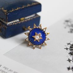 Victorian Sun and Star Rose Cut Diamond and Lapis Brooch This is a very special piece that would be a great investment to any jewellery lovers collection. The star has been crafted from 15ct yellow gold and the central dome is carved natural blue Lapis gemstone. Set into the Lapis is a gold star motif set with antique rose cut diamonds. The sun rays/points on the outer perimeter of the Lapis have also been set with rose cut diamonds.  It currently can be worn as a brooch, it has a ring already a Celestial Brooch Jewelry As A Gift, Celestial Brooch Jewelry As Gift, Celestial Style Brooch Jewelry As Gift, Face Dimensions, Lapis Pendant, Star Motif, Diamond Face, Sun And Stars, Antique Roses