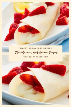 strawberry and cream crepes on a white plate