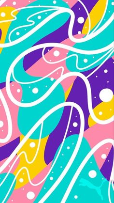 an abstract background with colorful lines and bubbles in pink, blue, yellow and purple