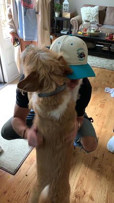 a person kneeling down petting a dog on top of a hard wood floor in a living room