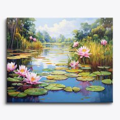 a painting of water lilies and lily pads on a pond with trees in the background