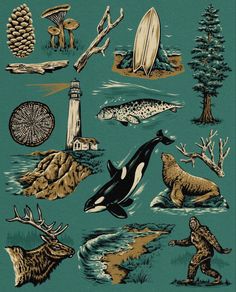 an image of various animals and things in the ocean with trees, rocks, and water