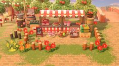 an animal crossing game is shown in the grass and has various items on display for sale