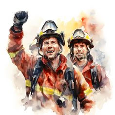 two firemen are wearing helmets and holding their arms in the air