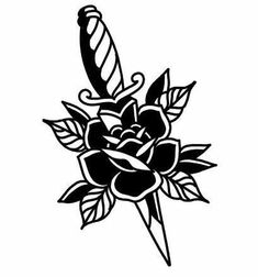 a black and white drawing of a rose with a dagger