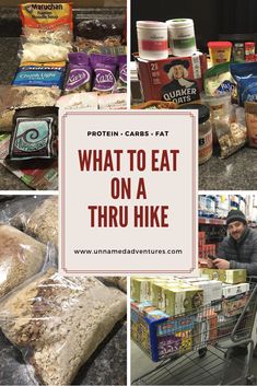 what to eat on a thru hike at the grocery store with text overlay that reads, what to eat on a thru hike