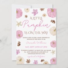 the little pumpkin is on the way baby shower card features pink flowers and leaves with gold foil