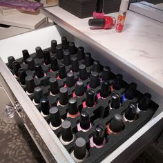 Control the nail polish chaos in your home, bedroom, bathroom or office drawer with the premium Polar Whale Drawer Nail Polish Organizer. Includes 1 black high density foam drawer organizer (with 45 spacious deep compartments). Make optimal use of your precious drawer storage space, and keep your frequently used nail polish bottles or other small cosmetics neat, organized and all within easy reach. Designed to fit many drawers (before ordering, please make sure your drawer's inner dimensions are larger than 9.5" x 14.9", and that your drawer has height clearance for 1/2" plus the height of your nail polish). 45 large shaped pockets provide clutter-free access. Ideal for the home, office, bedroom, bathroom and more, this organizer can be stored neatly away in a drawer, or kept on display on Nail Polish Organization, Nail Organization, Nail Room Ideas, Ikea Alex, Makeup Drawer Organization, Home Nail Salon, Makeup Organization Diy, Makeup Drawer, Nail Polish Storage