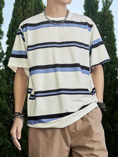 Multicolor Casual  Short Sleeve Acetate Striped  Embellished Non-Stretch Summer Men Tops Stripe Tee Outfit Men, Stripped Shirt Outfit Aesthetic Men, Striped Outfit Men, Short Sleeve Outfits Men, Striped T Shirt Outfit Men, Men Striped Shirt Outfit, Softboy Outfits Summer, Horizontal Stripes Shirt Men, Mens Striped Tshirt