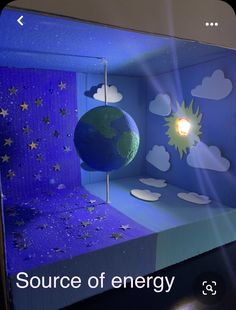 a blue room with a green globe and stars on it