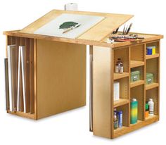 a wooden desk with an open book shelf