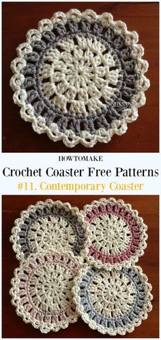 crochet coasters are shown in three different colors