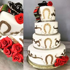 two pictures of a three tiered cake with red roses on the bottom and gold decorations on top