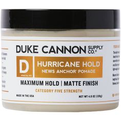 The daily threat of gale-force winds is no excuse for an unkempt head of hair. Hurricane Hold pomade is built for hard-working men with zero tolerance for even a single hair out of place.Works on all hair types to deliver unparalleled long-lasting hold and a light-weight, matte finish. We value things like hard work, family, community, bacon and country; we champion builders, creators, sledge hammerers, holders of doors and fixers of toilets; we have the utmost respect for teachers and farmers a Rock Star Hair, Gray Highlights, Spiky Hairstyles, Mens Pomade, Duke Cannon, Pomade Style, Working Men, Blue Ombre Hair, Coffee Stations