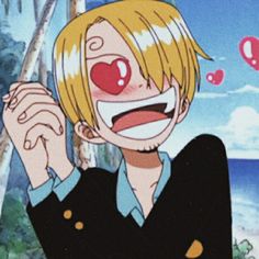 an anime character with blonde hair and red eyes holding his hand up to his ear