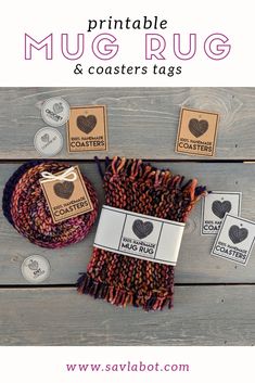 the printable mug rug and coasters tags are shown on a wooden table with coffee beans