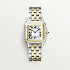 Cartier - Panthère de Cartier watch - Watch Woman Gold/Steel - Panthère de Cartier watch, medium model, quartz movement. Case in yellow gold 750/1000 and steel, dimensions: 29 mm x 37 mm, thickness: 6 mm, crown set with a synthetic blue spinel, silvered dial, blued-steel sword-shaped hands, bracelet in yellow gold 750/1000 and steel. Water-resistant to 3 bar (approx. 30 meters). Cartier Panther, Blue Spinel, Gold Watches Women, Cartier Panthere, Cartier Watch, Analog Watch, Yellow Gold Bracelet, Two Tone Watch, Diamond Watch