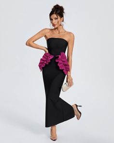 A stunning pleated ornamental bandage long dress, designed to flatter and shape your figure. Featuring a deep V-neckline and an exquisite pattern of mini sequins throughout, this dress is sure to turn heads! Elegantly crafted of soft fabrics, this piece will let you move with grace and style. Feel your best and make a statement in this one-of-a-kind dress! Our Style No.OW23233 95%Polyester, 5%Spandex Very Stretchy Height - 68.9"/175cm Bust - 34.6"/88cm Waist - 25.6"/65cm Hips - 36.6"/93cm and we Elegant Bandage Dress For Prom Party Season, Elegant Bandage Dress For Prom Season, Elegant Bandage Dress For Prom And Party Season, Strapless Bodycon Dress For Gala Party Season, Glamorous Bandage Dress For Prom And Party Season, Glamorous Bodycon Bandage Dress For Prom, Strapless Bandage Dress For Evening Party Season, Party Strapless Ruffle Maxi Dress, Strapless Bandage Dress For Evening Party