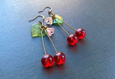 Lovely Glass cherry Earrings, Summer Earrings, Red Cherry Earrings, Fun Earrings, Whimsical Jewelry, Bohemian Earrings, Fun Gifts for Her Cherry Party Jewelry For Pierced Ears, Party Cherry Earrings, Handmade Cherry Jewelry For Party, Cherry Color Dangle Earrings, Cherry Colored Vintage Jewelry For Gifts, Cherry Colored Vintage Jewelry For Gift, Cherry Vintage Jewelry For Gift, Vintage Cherry Jewelry For Gift, Vintage Cherry Colored Jewelry Gift