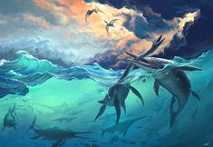 an artist's painting of sea animals swimming in the ocean with birds flying above them