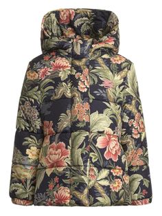 black/multicolour padded design all-over floral print classic hood concealed front fastening long sleeves straight hem Hooded Floral Print Outerwear For Fall, Multicolor Hooded Puffer Jacket For Fall, Casual Multicolor Floral Print Outerwear, Winter Hooded Floral Print Outerwear, Hooded Winter Outerwear With Floral Print, Multicolor Puffer Outerwear For Spring, Fitted Winter Outerwear With Floral Print, Winter Floral Print Fitted Outerwear, Multicolor Spring Puffer Jacket